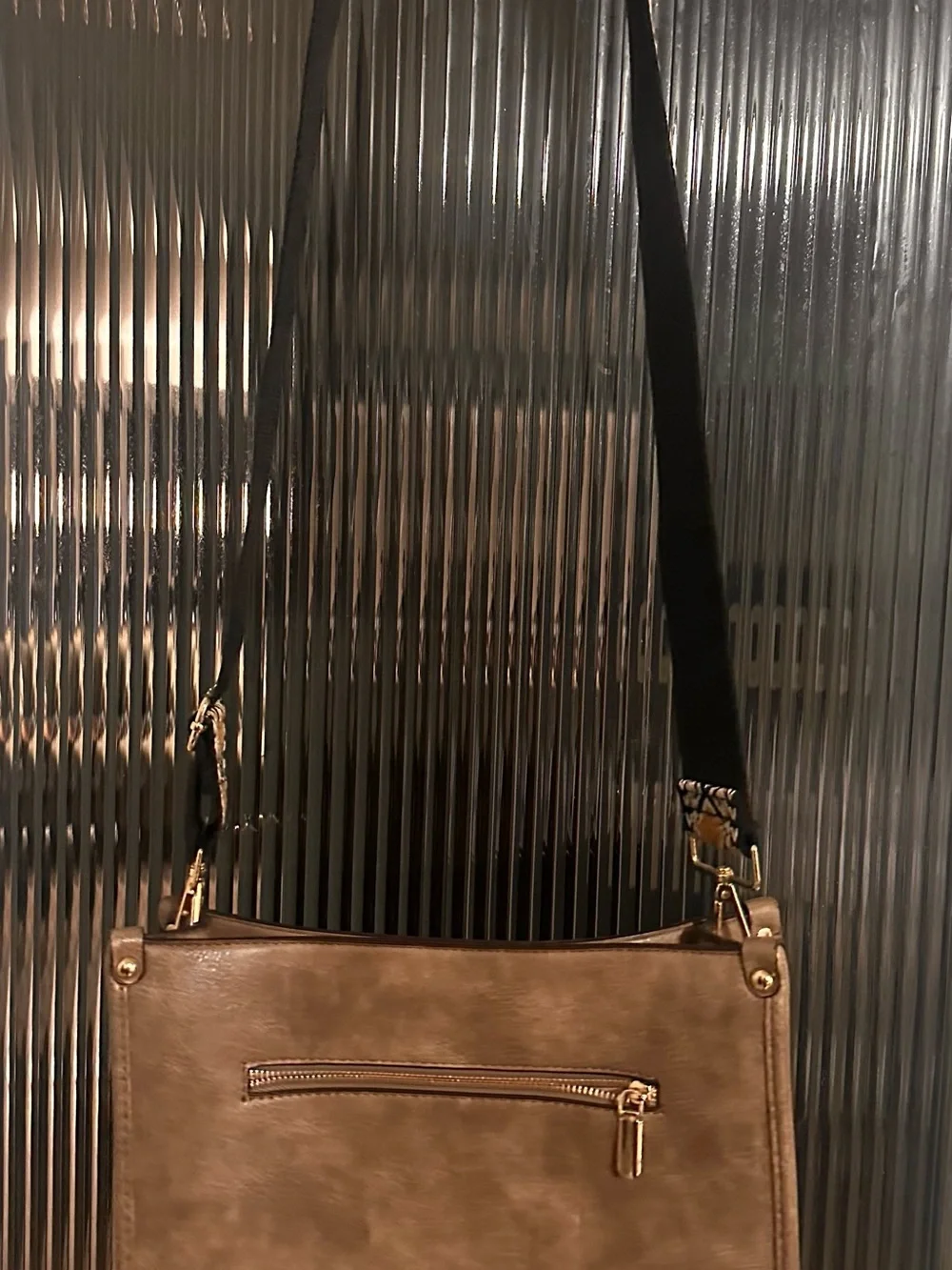 Taupe Crossbody Bag with Patterned Strap - Women Messenger Bag - Picture 3 of 6